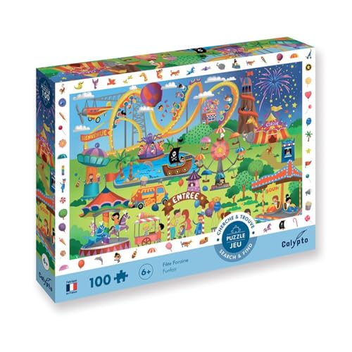 Calypto 3907502 Jahrmarkt, 100 Teile XL-Puzzle mit Soft-Touch, Kinderpuzzle mit samtiger Oberfläche inkl. Suchspiel und Puzzleposter, für Kinder ab 6 Jahren, Wimmelbild, Rummel, Kirmes, Karussell von Sentosphere