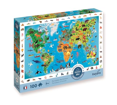 Calypto 3907504 Tierweltkarte, 100 Teile XL-Puzzle mit Soft-Touch, Kinderpuzzle mit samtiger Oberfläche inkl. Suchspiel und Puzzleposter, für Kinder ab 6 Jahren, Weltkarte, Nachauflage von Sentosphere