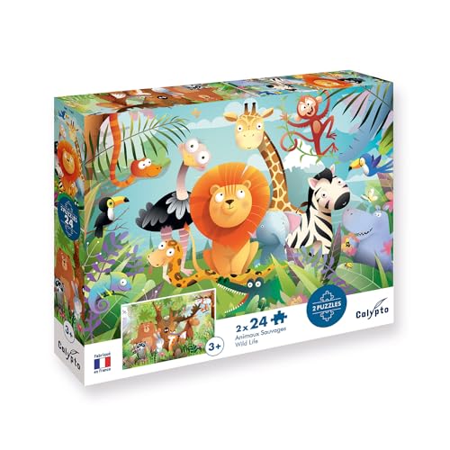 Calypto 3907700 Wald & Dschungle, 2x24 Puzzle-Set mit Soft-Touch, Kinderpuzzle mit großen Teilen und samtiger Oberfläche inkl. Puzzleposter, für Kinder ab 3 Jahren, Tiere, Löwe, Bär von Sentosphere