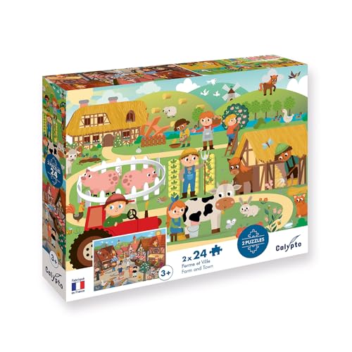 Calypto 3907702 Bauernhof & Stadt, 2x24 Teile Puzzle-Set mit Soft-Touch, Kinderpuzzle mit großen Teilen und samtiger Oberfläche inkl. Puzzleposter, für Kinder ab 3 Jahren, Markt, Farm, Tiere von Sentosphere