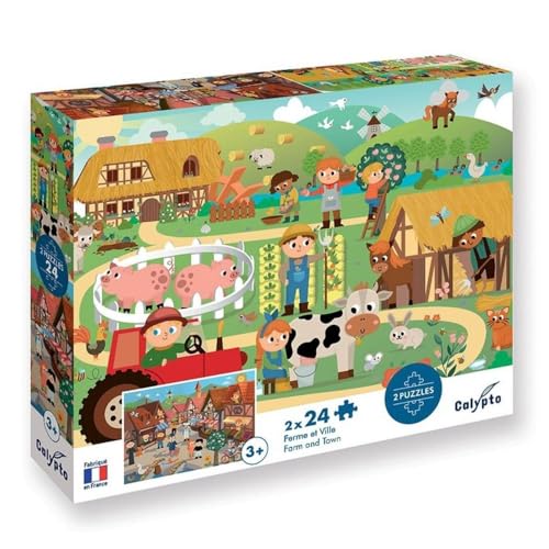 Calypto 3907707 Bauernhof & Stadt, 2x24 Teile Puzzle-Set mit Soft-Touch, Kinderpuzzle mit großen Teilen und samtiger Oberfläche inkl. Puzzleposter, für Kinder ab 3 Jahren, Nachauflage von Sentosphere