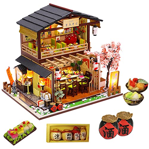 September-Eur ope – DIY 1:24 Handmontierter japanischer Stil Sushi Shop Miniatur Holz Kreatives Puppenhaus DIY Kit Montiert für Geburtstagsgeschenk mit LED-Leuchten von September-Eur
