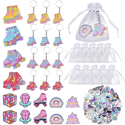 Roller Skate Party Favors, 86pcs Roller Skating Party Favors mit Schlüsselanhängern Acryl Pin Abzeichen Aufkleber, weiße Organza Säcke für Roller Skate Thema 90er Throwback Geburtstag Party Favors von Serencatcher