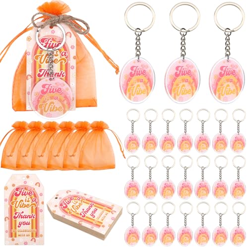 Serencatcher 24 Sets "Five is a Vibe"-Partygeschenke mit fünf ist ein Vibe-Schlüsselanhänger-Set, groovige Dankesanhänger, Organza-Beutel, Bindfaden, Souvenirs, Geschenke für Mädchen, Retro, Boho von Serencatcher