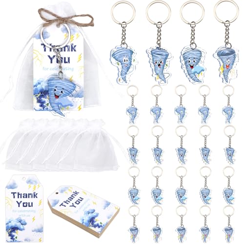 Serencatcher 24 Sets Tornado-Partygeschenke mit blau-grauem Tornado-Thema, Schlüsselanhänger, Dankeschön-Etiketten, Organza-Beutel, Schnur für Jungen, Wetter, zwei Nado Fournado von Serencatcher