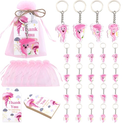 Serencatcher 24 Sets rosa Tornado-Partygeschenke mit Tornado-Themen-Schlüsselanhänger, Dankeschön-Etiketten, Organza-Beutel und Schnur für Mädchen, zwei Nado Fournado, Geburtstagsparty-Dekorationen von Serencatcher
