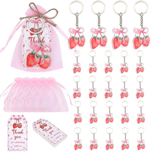 Serencatcher 24-teiliges Set mit rosa Schleife, Erdbeer-Partyzubehör, doppelseitiges Acryl-Schlüsselanhänger-Set mit Dankeskarten und Organza-Beuteln für rosa Schleife und Erdbeere, Babyparty von Serencatcher