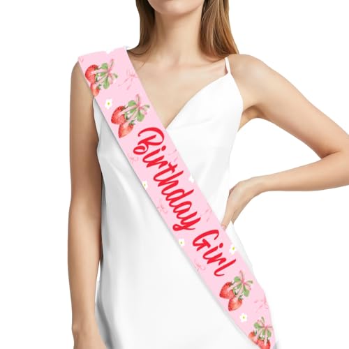 Serencatcher Rosa Schleife, Erdbeer-Geburtstagsparty-Dekorationen, Erdbeerschleife, Geburtstagsmädchen-Schärpe, Satin-Schärpe für Mädchen und Frauen, Obst, Beere, Süßes Partyzubehör, Gastgeschenke von Serencatcher
