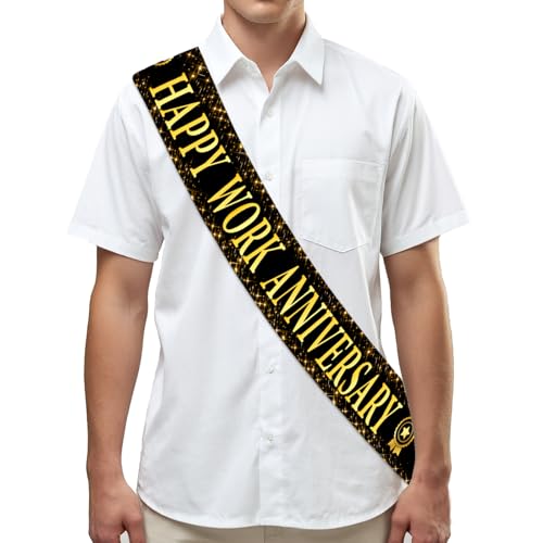 Serencatcher Schärpe "Happy Work Anniversary", Schwarz / Gold, Happy Work Anniversary Workiversary Dekorationen, Satin-Schärpe für Männer und Frauen, Mitarbeiter, Büroangestellte, Wertschätzung von Serencatcher