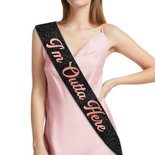Serencatcher Schärpe mit Aufschrift "I'm Outta Here", schwarzer Glitzer, Satin mit rotgoldener Folie, für Frauen im Ruhestand, geschiedene Schärpe, Abschied, Party-Dekorationen, Abschlussfeier, neues Serencatcher Schärpe mit Aufschrift "I'm Outta Here", schwarzer Glitzer, Satin mit rotgoldener Folie, für Frauen im Ruhestand, geschiedene Schärpe, Abschied, Party-Dekorationen, Abschlussfeier, neues von Serencatcher