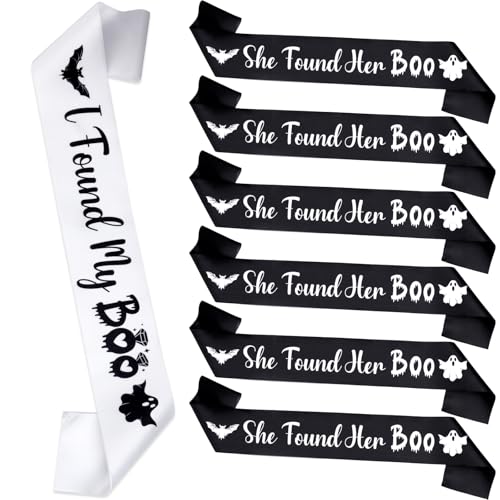 Serencatcher Schärpen für Junggesellinnenabschied, 7 Stück, Weiß / Schwarz, Halloween-Schärpe "I Found My Boo Bride", Schärpe für Brautjungfer, für Geister-Gruselige Brautparty, Hochzeit, Partyzubehör von Serencatcher