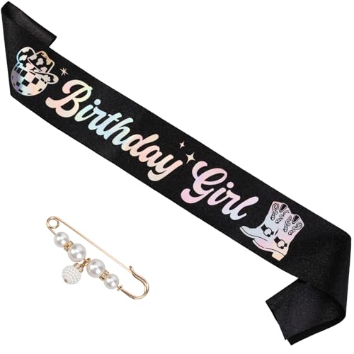 Serencatcher Schwarze Cowgirl-Geburtstagsschärpe, Disco Cowgirl Geburtstag Mädchen Schärpe mit Perlennadel Glitzer Satin schillernde Folienbuchstaben für Frauen Mädchen Western Rodeo Disco Geburtstag von Serencatcher
