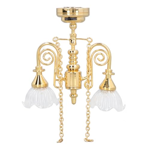 Miniatur-Deckenlampe, Retro-Blumen-Design, Puppenhaus-Doppelkopf-Kronleuchter aus Glas und Metall im Maßstab 1 bis 12 für Puppenhaus-Dekoration (Gold) von Serlium