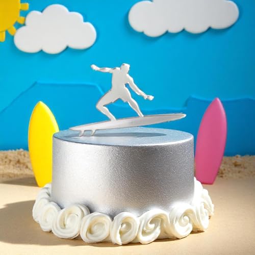 Surfer-Kuchendekoration, silbernes Surfbrett-Design, Strand-Mottoparty, 10 cm (15 cm mit Erdspieß) von Servewell