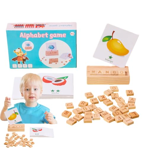 Setauoo Wortbuchstabierblöcke, Wortbuchstabierspiel - Leseblöcke aus Holz, Rechtschreibspiele mit 30 Lernkarten,Lernspielzeug zum Sehen und Buchstabieren, Rechtschreibpuzzle für Kinder ab 3 Jahren, von Setauoo