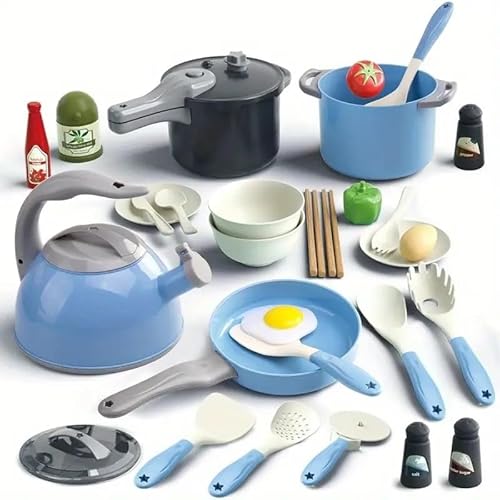 32 teiliges Kinder Kuechenspielzeug ab 3 Jahren mit Kochtopf Pfanne Lebensmitteln Lernspielzeug Rollenspiel Fuer Jungen Maedchen 3 8 Jahre Geschenk Geburtstag Weihnachten (Blau) von Seun & Amana