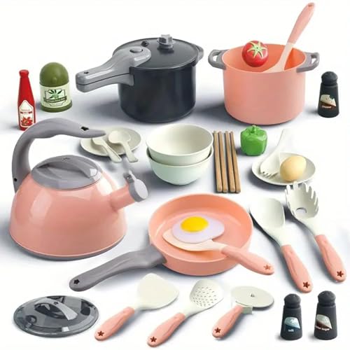 32 teiliges Kinder Kuechenspielzeug ab 3 Jahren mit Kochtopf Pfanne Lebensmitteln Lernspielzeug Rollenspiel Fuer Jungen Maedchen 3 8 Jahre Geschenk Geburtstag Weihnachten (Rosa) von Seun & Amana