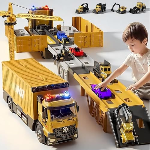 Baufahrzeug Spielzeug Set für Kinder 3-7 Jahre - LKW mit Kran, Licht & Sound - Transportauto Rennstrecke & Baustellen-Set - Geschenk für Jungen Mädchen zu Geburtstag Weihnachten von Seun & Amana