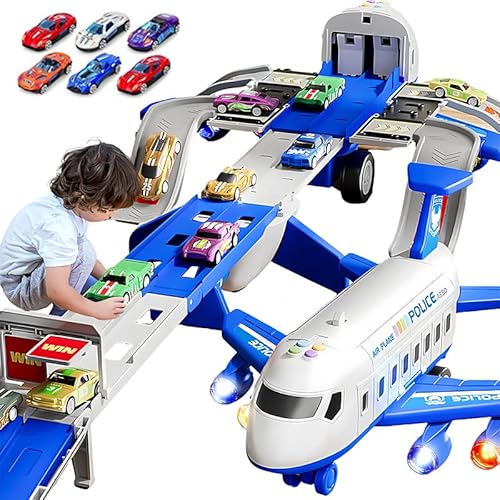 Flugzeug-Rennstrecke Spielzeug mit Musik & Licht, 3-lagige Faltbare Rennbahn, 8 Rennautos & Transportflugzeug, Spielset für Kinder ab 3 4 5 6 Jahren – Geschenk für Jungen & Mädchen (Blue) von Seun & Amana