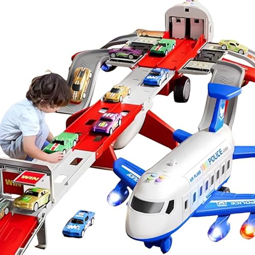 Flugzeug-Rennstrecke Spielzeug mit Musik & Licht, 3-lagige Faltbare Rennbahn, 8 Rennautos & Transportflugzeug, Spielset für Kinder ab 3 4 5 6 Jahren – Geschenk für Jungen & Mädchen (Red) von Seun & Amana