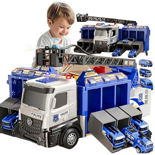 Großer Feuerwehr Truck Spielzeug mit Licht & Sound – Playful Heroes Rettungsfahrzeug Set mit 6 Mini Autos & ausfahrbarer Leiter – Rollenspiel Geschenk für Jungen/Mädchen ab 3 4 5 6 Jahren (Blau) von Seun & Amana