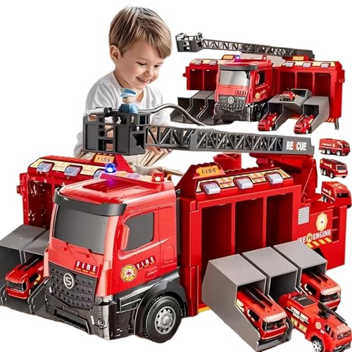 Großer Feuerwehr Truck Spielzeug mit Licht & Sound – Playful Heroes Rettungsfahrzeug Set mit 6 Mini Autos & ausfahrbarer Leiter – Rollenspiel Geschenk für Jungen/Mädchen ab 3 4 5 6 Jahren (Rot) von Seun & Amana