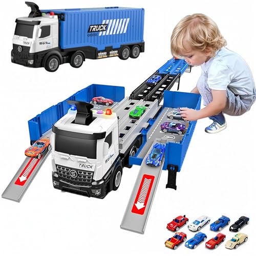 LKW-Rennstrecke Spielzeug für Kleinkinder, Faltbare 3-Ebenen-Rennbahn, Spielzeug-LKW mit Transportauto & 8 Rennwagen, Geschenk für Jungen und Mädchen ab 3 4 5 6 Jahren (Blau) von Seun & Amana
