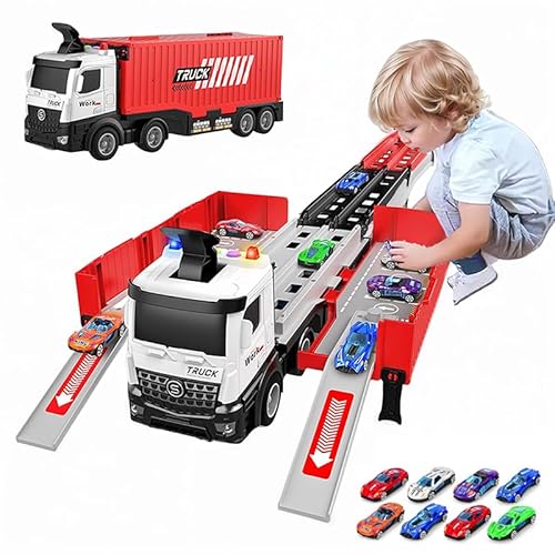 LKW-Rennstrecke Spielzeug für Kleinkinder, Faltbare 3-Ebenen-Rennbahn, Spielzeug-LKW mit Transportauto & 8 Rennwagen, Geschenk für Jungen und Mädchen ab 3 4 5 6 Jahren (Rot) von Seun & Amana
