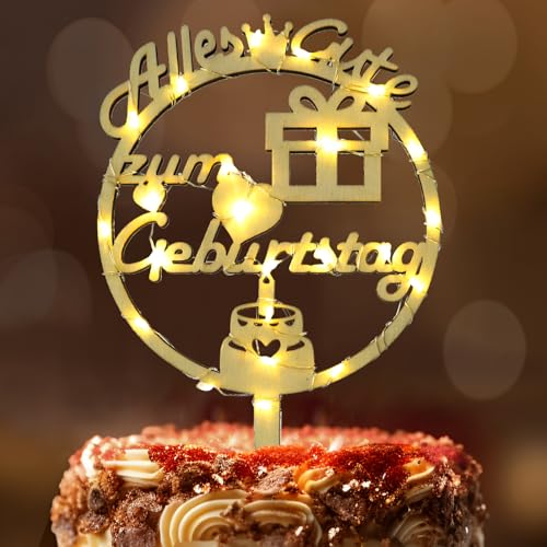 Happy Birthday Tortendeko, Seutgjie Cake Topper Geburtstag Frau Mann Mädchen Junge Holz mit LED Lichterkette Kuchen Deko von Seutgjie