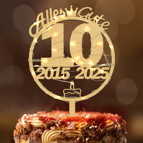 Tortendeko 10 Geburtstag Mädchen Junge, Seutgjie 10. Geburtstag Cake Topper Holz mit LED Lichterkette 2015 bis 2025 Kuchen Deko von Seutgjie