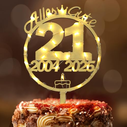 Tortendeko 21 Geburtstag Frau Mann, Seutgjie 21. Geburtstag Cake Topper Holz mit LED Lichterkette 2004 bis 2025 Kuchen Deko von Seutgjie
