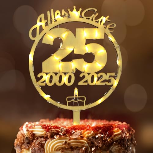 Tortendeko 25 Geburtstag Frau Mann, Seutgjie 25. Geburtstag Cake Topper Holz mit LED Lichterkette 2000 bis 2025 Kuchen Deko von Seutgjie