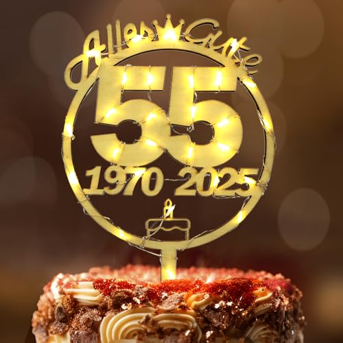 Tortendeko 55 Geburtstag Frau Mann, Seutgjie 55. Geburtstag Cake Topper Holz mit LED Lichterkette 1970 bis 2025 Kuchen Deko von Seutgjie