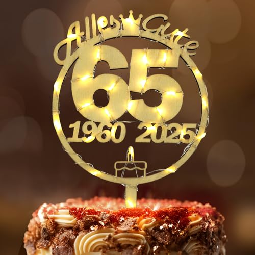 Tortendeko 65 Geburtstag Frau Mann, Seutgjie 65. Geburtstag Cake Topper Holz mit LED Lichterkette 1960 bis 2025 Kuchen Deko von Seutgjie