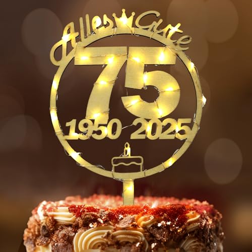 Tortendeko 75 Geburtstag Frau Mann, Seutgjie 75. Geburtstag Cake Topper Holz mit LED Lichterkette 1950 bis 2025 Kuchen Deko von Seutgjie