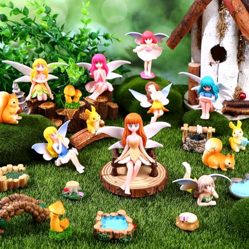 Feengarten-Zubehör, Miniatur-Feen-Figuren, Gartentisch und Stühle, Set aus Kunstharz, Mini-Pilz, Kaninchen, Eichhörnchen, Tiere, Lichter, Brücke für Mikro-Landschaft, Blumentöpfe von SevenMye