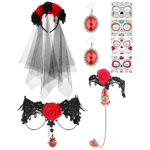 SevenMye Halloween Kostüm Zubehör für Damen Dia de los Muertos Rosen Totenkopf Kopfschmuck mit Schleier, 4 Gesicht Tattoos, Gothic Schmuck Set Halskette, Armband, Ohrringe für Karneval Gruselpartys von SevenMye