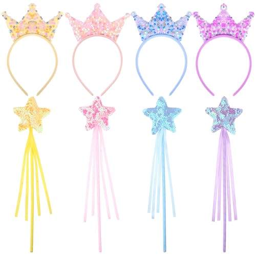 SevenMye Prinzessinnen-Tiara und Zauberstab-Set für Mädchen, Prinzessinnen-Partygeschenke, 4 Prinzessinnenkronen, 4 Feenstäbe, Großpackung für kleine Mädchen, Kinder, Prinzessinnen-Party-Dekorationen von SevenMye