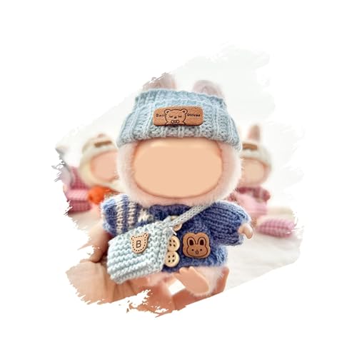 Seventh Girl Labubu Puppe Handgemachte Häkelkleidung 3-teiliges Set (ohne Puppe) (Anwendbar auf 17cm) | Top + Hut + Exquisites Zubehör | Kompatibel mit Have a Seat / Macaron Serie (Blau) von Seventh Girl