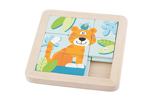 SEVI 83081 Holz Schiebepuzzle für Kinder, 9-teilig mit Tiger Motiv, Puzzleteile richtig anordnen, Holzpuzzle, Lernspielzeug ab 3 Jahren, Lernpuzzle, Orange/Blau, ca. 18 x 18 x 2 cm von Trudi