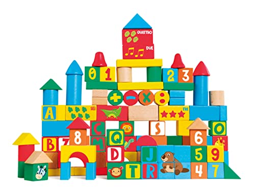 Sevi 88059 Wood Eco Smart Holz Bauklötze, 100 Bausteine im Set mit verschieden Formen, Motiven & Zahlen, Motorik- und Lernspielzeug für Kinder ab 18 Monate, Bauset ca. 20 x 20 x 22 cm, Bunt von Trudi