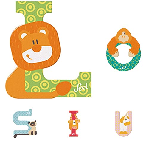 Sevi Tier Holzbuchstaben Name Louis ca. 10 cm, Türbuchstaben für Kinderzimmer, ABC Lernspielzeug aus Holz, pädagogisches Spielzeug für Kinder ab 3 Jahre, Kindernamen Buchstaben Tiere, Mehrfarbig von Sevi