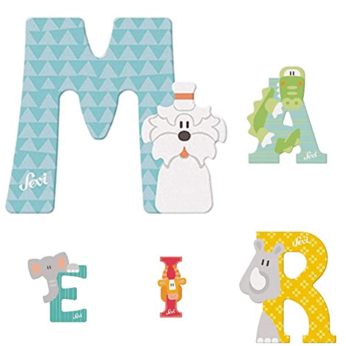 Sevi Tier Holzbuchstaben Name Marie ca. 10 cm, Türbuchstaben für Kinderzimmer, ABC Lernspielzeug aus Holz, pädagogisches Spielzeug für Kinder ab 3 Jahre, Kindernamen Buchstaben Tiere, Mehrfarbig von Sevi