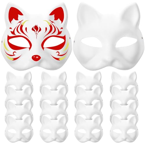 Sewroro Party 20 Weiße -Masken Zum Selbermachen Leere Katzenmasken Japanische Kabuki- -Masken Bemalbare Pappmaché-Masken Halbe Tiermasken Für Cosplay Tanzparty Therian von Sewroro