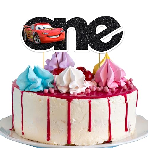Caars One Kuchendekoration für den 1. Geburtstag, Motiv: Renn-Cars-Thema, lustige und farbenfrohe Kuchendekoration für den ersten Geburtstag, ideal für Rennmottoparty-Zubehör und Feiern von Seyal