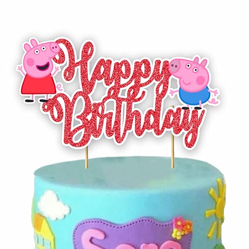 Seyal Pepa Pig Happy Birthday Cake Topper Custom Happy Birthday Cake Topper for Party Decor - Personalized Name and Age - Glitter Celebration Decoration Supplies von Seyal