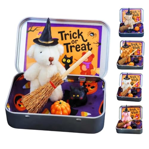 Halloween-Bär in Einer Schachtel Für Süßes Oder Saures, Kürbis-Teddybär-Geschenkbox Mit Hut, Handgemachter Süßer Mini-Hexen-Teddybär Mit Zaubererhut, Kürbis Und Katze von Seymal