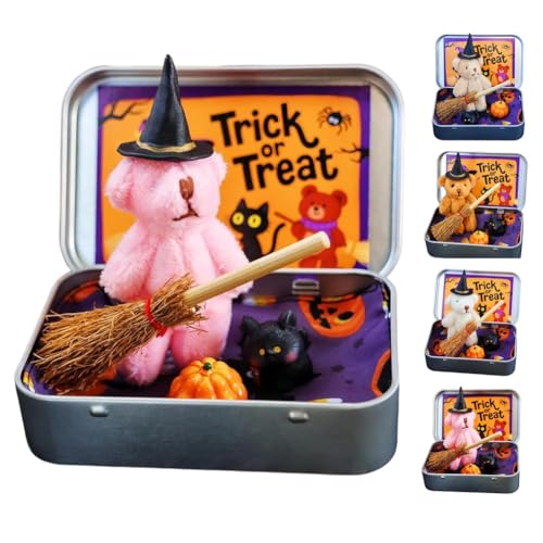 Halloween-Bär in Einer Schachtel Für Süßes Oder Saures, Kürbis-Teddybär-Geschenkbox Mit Hut, Handgemachter Süßer Mini-Hexen-Teddybär Mit Zaubererhut, Kürbis Und Katze von Seymal