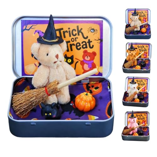 Halloween-Bär in Einer Schachtel Für Süßes Oder Saures, Kürbis-Teddybär-Geschenkbox Mit Hut, Handgemachter Süßer Mini-Hexen-Teddybär Mit Zaubererhut, Kürbis Und Katze von Seymal