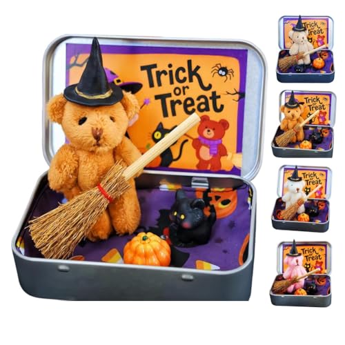 Halloween-Bär in Einer Schachtel Für Süßes Oder Saures, Kürbis-Teddybär-Geschenkbox Mit Hut, Handgemachter Süßer Mini-Hexen-Teddybär Mit Zaubererhut, Kürbis Und Katze von Seymal